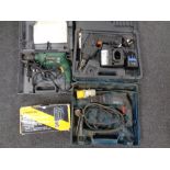 Three cased drills to include Bosch 110v, Bosch 240v,