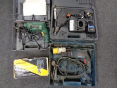 Three cased drills to include Bosch 110v, Bosch 240v,