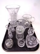 A tray of 20th century cut glass including flower vase,
