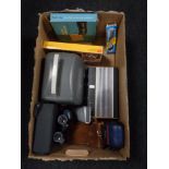 A box containing Roberts radio, Ranger 8x40 field glasses, projector,