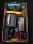 A box containing Roberts radio, Ranger 8x40 field glasses, projector,
