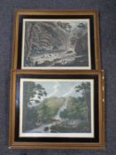 Two antiquarian colour etchings, Powerscourt Waterfall and The Dargle,