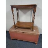 A oak barley twist occasional table together with a pink loom storage Ottoman