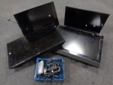 Four LCD TV's by LG, Bush and HKC (spares or repairs) together with a crate containing leads,