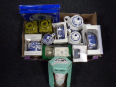 A box containing a Ringtons ceramics to include willow patterned tea ware, ginger jar,
