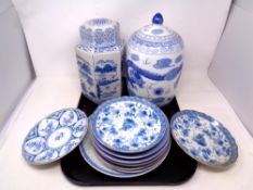 A tray of a 20th Century Chinese porcelain blue and white hexagonal lidded vase together with a