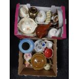 Two boxes containing miscellaneous ceramics to include Lurpak toast rack, lidded pot,