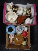 Two boxes containing miscellaneous ceramics to include Lurpak toast rack, lidded pot,