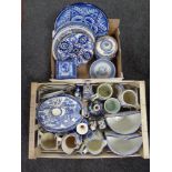 Two crates containing antique and later blue and white ceramics to include 19th century lidded