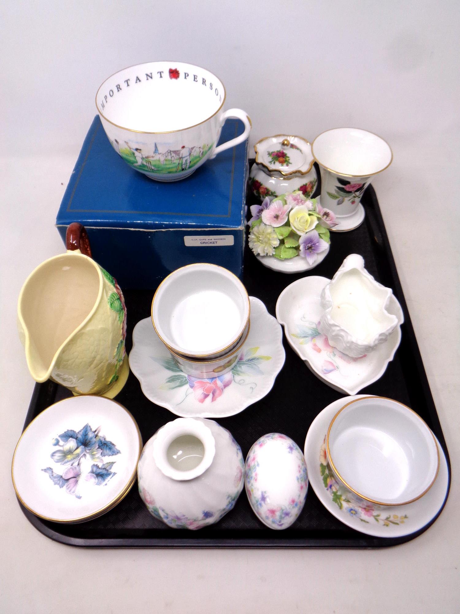 A tray of Royal Albert Old Country Roses lidded pot, Carlton ware jug,