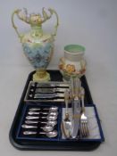 A tray of Newport Pottery Clarice Cliff ribbed embossed vase together with a further antique twin