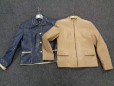 A lady's Yorn tan leather jacket together with a further IMP blue and cream leather jacket