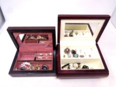 Two jewellery boxes containing costume jewellery, dress rings, jet pieces, white metal,