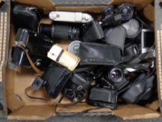 A box of a quantity of photographic equipment to include Ricoh sigma and Zenit camera,