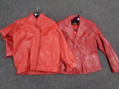 A lady's Peter Leinhardt red leather jacket together with a Sheepskin Warehouse red leather jacket