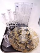A tray of Bohemia glass candelabrum, glass candlesticks,