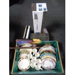 A crate containing miscellany to include bed warming pan, piano music box set,