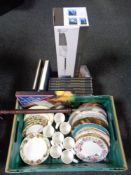 A crate containing miscellany to include bed warming pan, piano music box set,