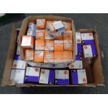 A box containing a quantity of Osram halogen and Powerball light bulbs (boxed new)