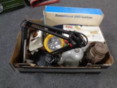 A box containing angle poise lamp, torch, vintage paraffin lamp,