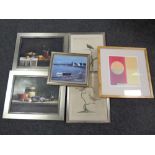 Six framed pictures to include two framed Italian book plates depicting birds,