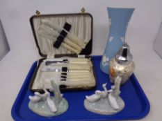 A tray containing two Nao figure groups ducks, mailing vase,