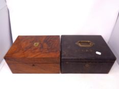 A Victorian burr walnut jewelry box together with a further antique jewelry box