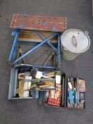 Two metal concertina toolboxes containing tools, paintbrushes,