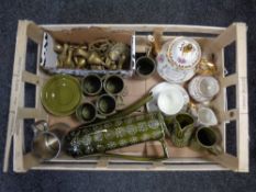 A crate containing miscellanea to include Portmeirion coffee service,