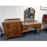 A mahogany Queen Anne style triple mirror dressing table together with matching linen cabinet
