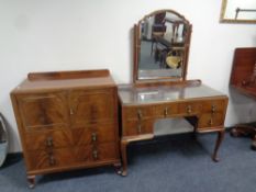 A mahogany Queen Anne style triple mirror dressing table together with matching linen cabinet