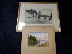 A Burt Bainbridge signed etching, Durham Cathedral, View from the River, in mount and gilt frame,