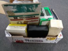 A box of a quantity of vintage camera and photographic equipment to include Hanimex projector,