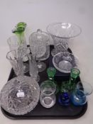 A tray of assorted glass ware to include Stuart crystal boxed dish, green glass candlesticks,