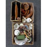 Two boxes containing miscellany to include wooden pieces, Bell's whisky decanter,