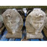 A pair of concrete garden pharaoh busts Height 35cm