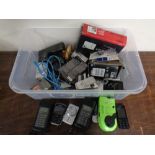 A crate containing vintage mobile phones by Nokia, digital cameras,