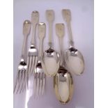 3 silver dessert spoons together with 3 silver dessert forks, 302g.