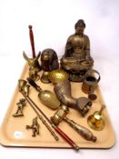 A tray of brass ornaments, large metal Buddha figure, ornaments,