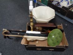 A box of wall clock, brass table lamp with shade, dralon footstool,