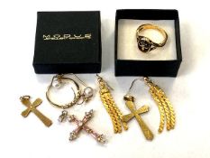 A small quantity of costume jewelry, Gold plated earrings, crucifix etc.
