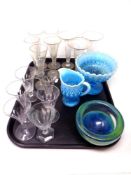 A tray of Mdina glass bowl, Victorian blue pearline jug and comport,