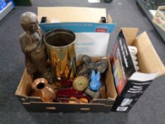 A box of brass stick stand, antique copper jug, ship's barometer, Sylvac rabbit,