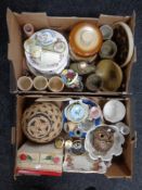 Two boxes of English pottery, antique and later china, marmalade jars,