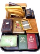 A tray of trinket boxes, wooden plaques,