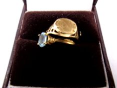 A 9ct Gold ring set with a blue gemstone set with a 9ct Golf ring set with a small coin (af)