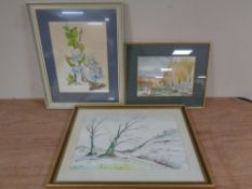 A Patricia Chillcott watercolour depicting a winter landscape together with two further