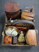 Two boxes of assorted vanity cases and jewellery boxes, quartz wall clock,