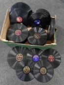 A box of vinyl 78's on HMV Brunswick, Decca labels, approximately 140.