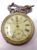 A antique Silver pocket watch on chain with T bar, the dial marked the Midland lever.